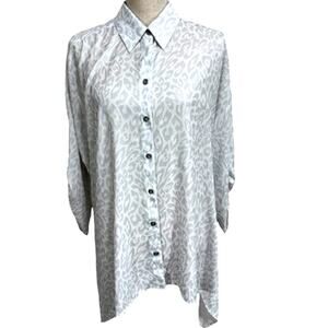 "CHICO'S" Size 2, Sheer , Asymmetrical Hem,Silver Cheetah, Button‎ Sleeve,Office